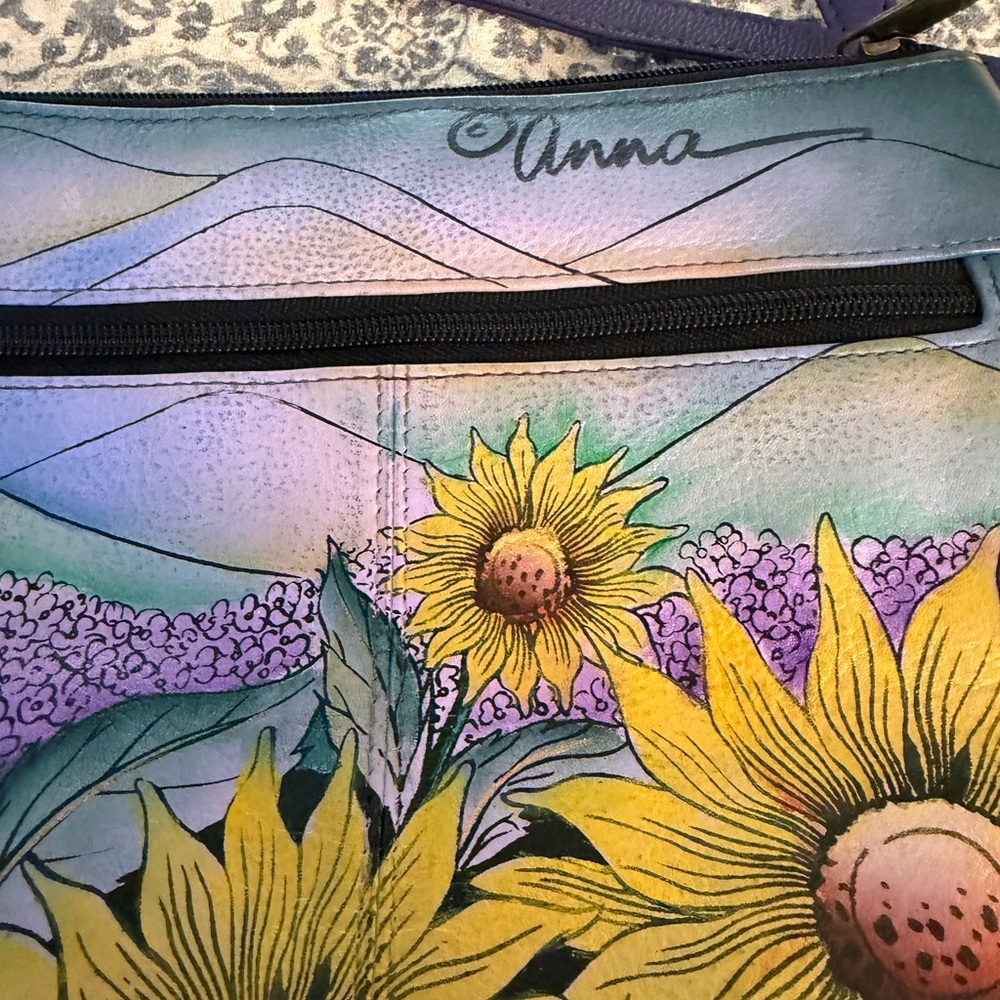 Anuschka Yellow Sunflower Hand-Painted Crossbody with Purple Strap - Picture 3 of 4